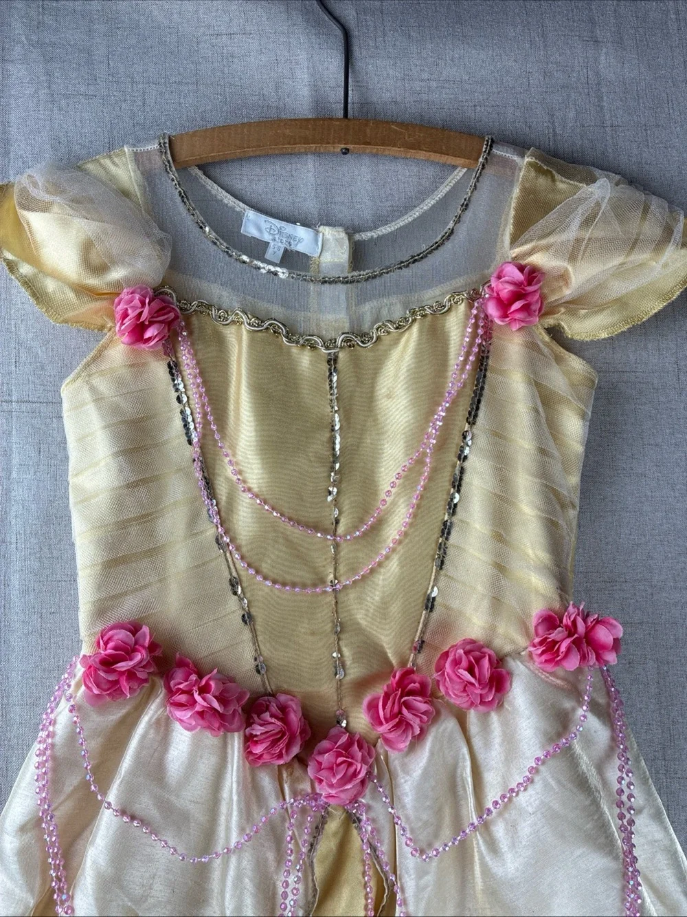 Disney Belle Beauty Beast Girls Costume Dress Tiara 5 6 Yellow Pink Ballgown